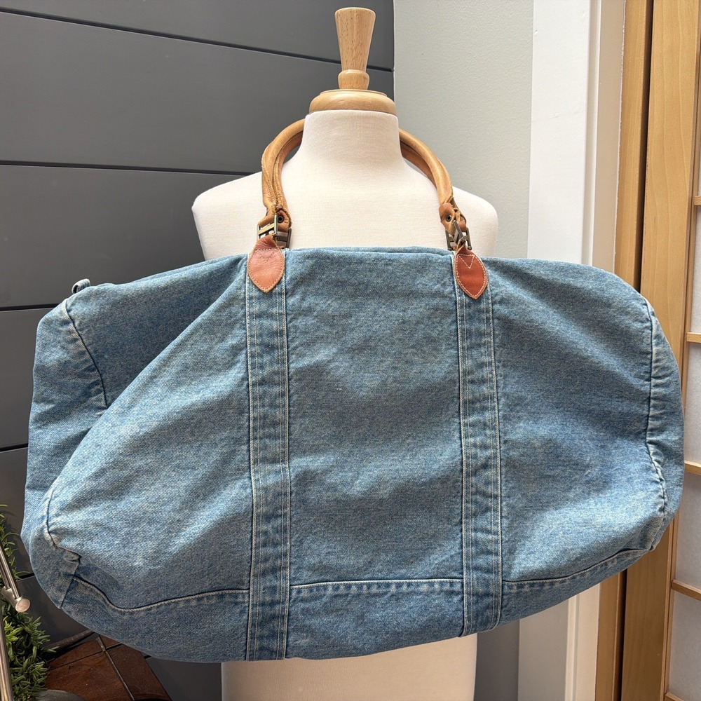 Vintage GAP Weekender Travel Tote Bag Blue Denim Duffle Large Zip Leather Trim - Picture 5 of 5